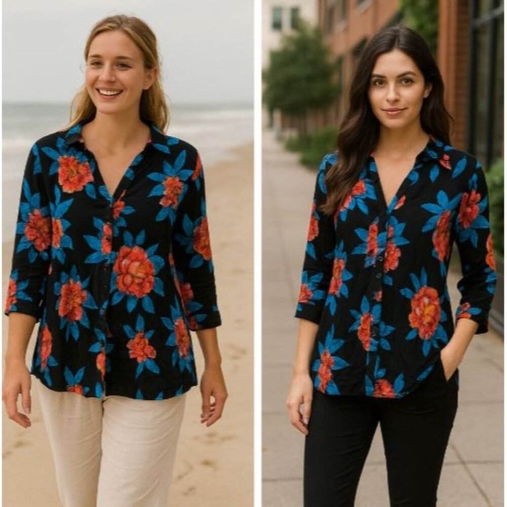 Maeve Black Floral Woman's Blouse  2 Cottage core Boho Chic Soft Date Night